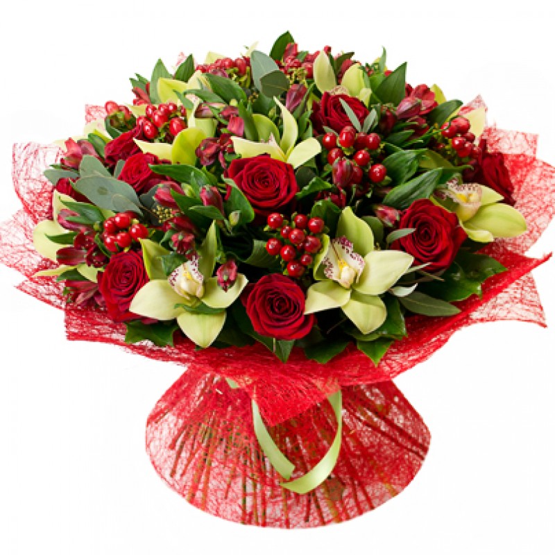 Красная цветочная композиция с зелеными орхидеями
