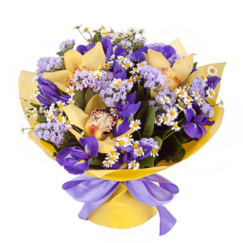 Сиреневая цветочная композиция с желтыми орхидеями 