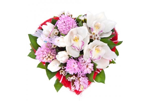 Букет "Сердце" с орхидеями и тюльпанами 