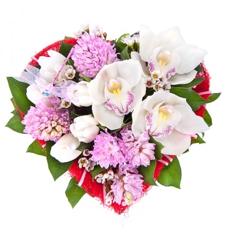 Букет "Сердце" с орхидеями и тюльпанами 