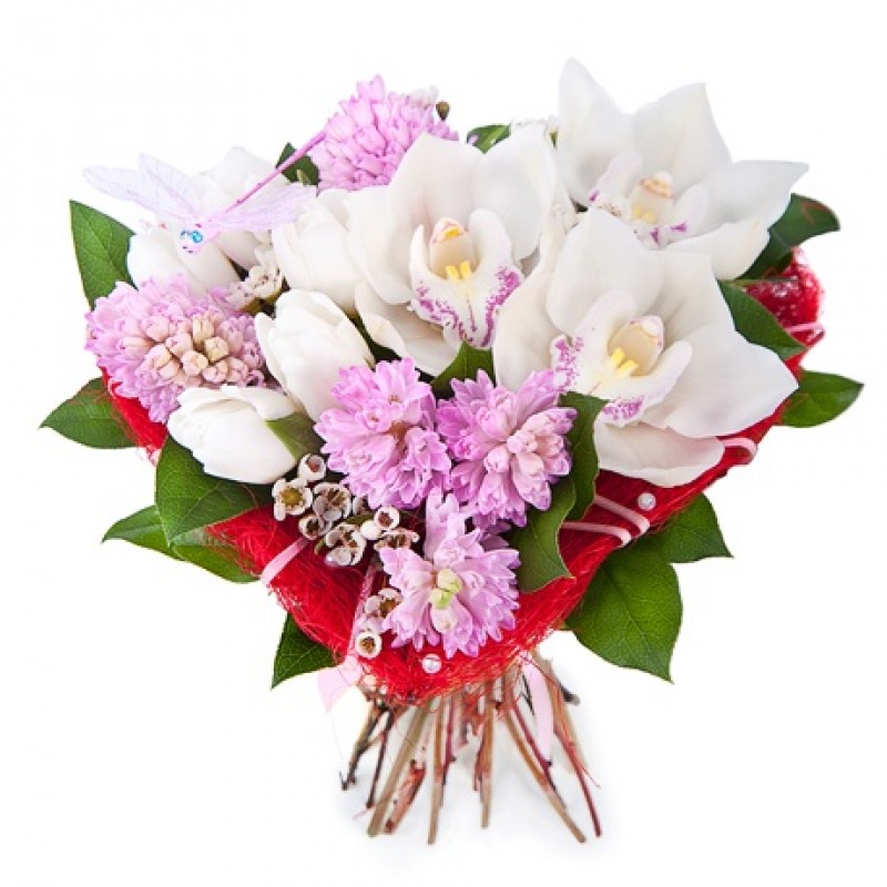 Букет "Сердце" с орхидеями и тюльпанами 