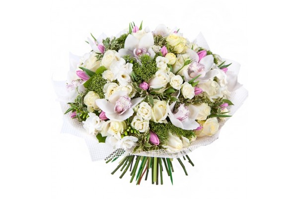 Букет из белых орхидей с розами и тюльпанами 