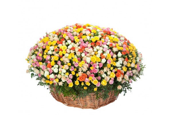 Цветочная композиция из разноцветных роз и разноцветных тюльпанов