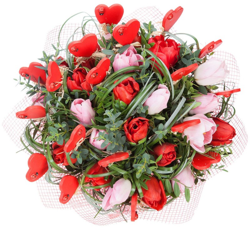 Букет из розовых и красных тюльпанов 